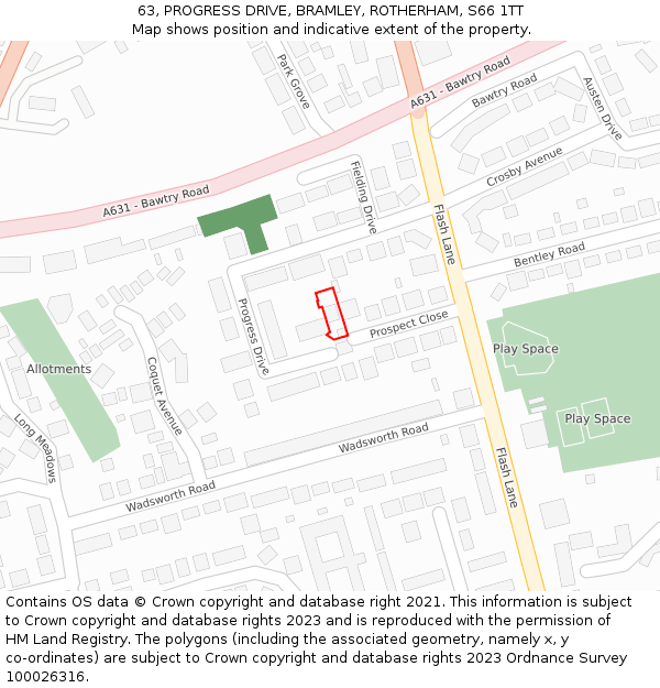 63, PROGRESS DRIVE, BRAMLEY, ROTHERHAM, S66 1TT: Location map and indicative extent of plot