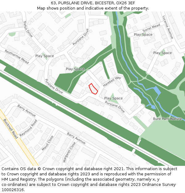 63, PURSLANE DRIVE, BICESTER, OX26 3EF: Location map and indicative extent of plot