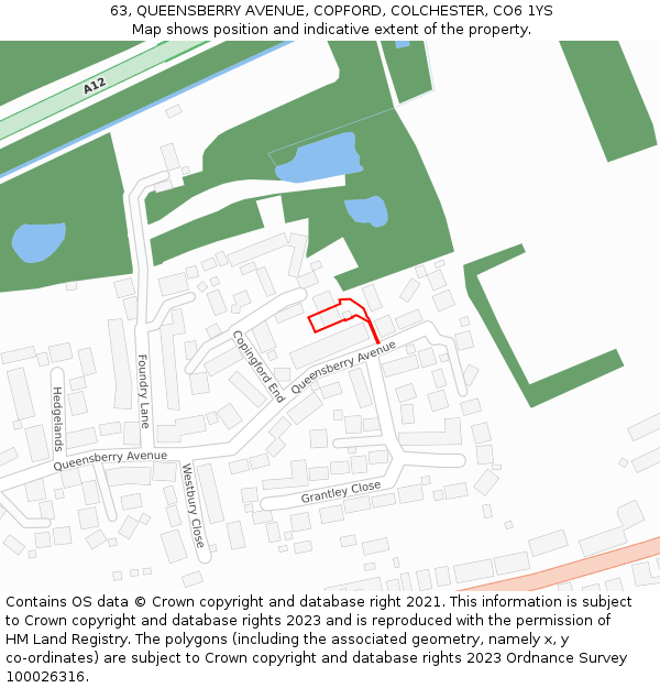 63, QUEENSBERRY AVENUE, COPFORD, COLCHESTER, CO6 1YS: Location map and indicative extent of plot