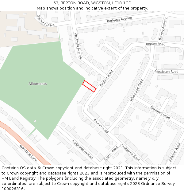 63, REPTON ROAD, WIGSTON, LE18 1GD: Location map and indicative extent of plot