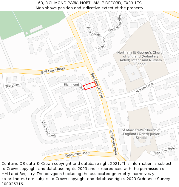 63, RICHMOND PARK, NORTHAM, BIDEFORD, EX39 1ES: Location map and indicative extent of plot