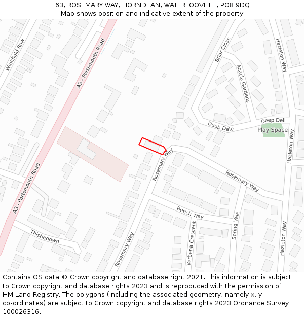 63, ROSEMARY WAY, HORNDEAN, WATERLOOVILLE, PO8 9DQ: Location map and indicative extent of plot