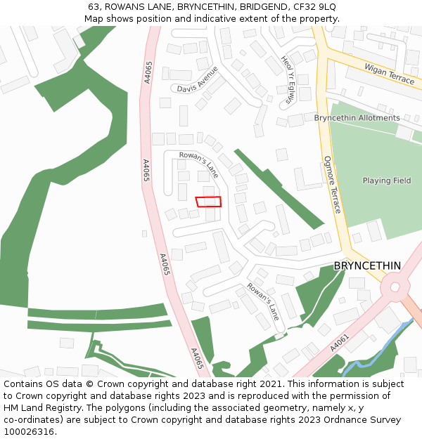 63, ROWANS LANE, BRYNCETHIN, BRIDGEND, CF32 9LQ: Location map and indicative extent of plot