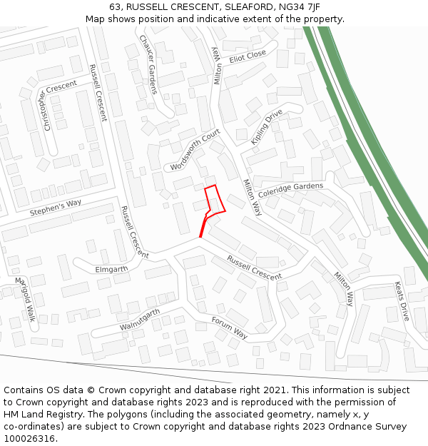 63, RUSSELL CRESCENT, SLEAFORD, NG34 7JF: Location map and indicative extent of plot