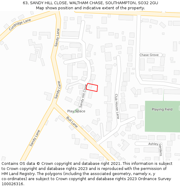 63, SANDY HILL CLOSE, WALTHAM CHASE, SOUTHAMPTON, SO32 2GU: Location map and indicative extent of plot