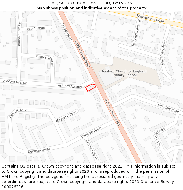 63, SCHOOL ROAD, ASHFORD, TW15 2BS: Location map and indicative extent of plot