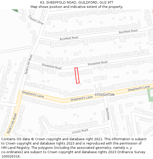 63, SHEEPFOLD ROAD, GUILDFORD, GU2 9TT: Location map and indicative extent of plot
