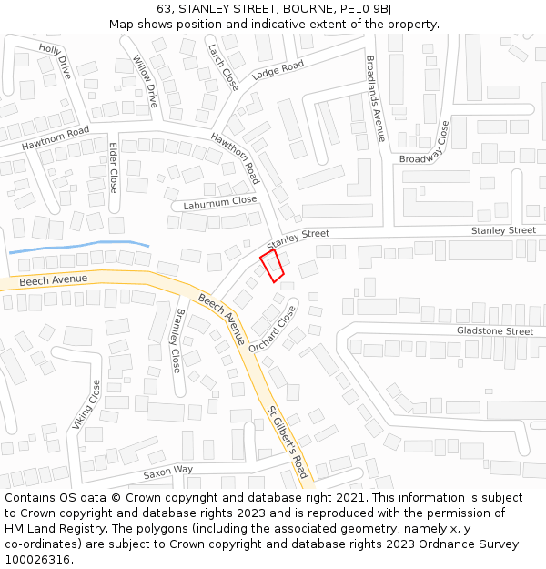 63, STANLEY STREET, BOURNE, PE10 9BJ: Location map and indicative extent of plot