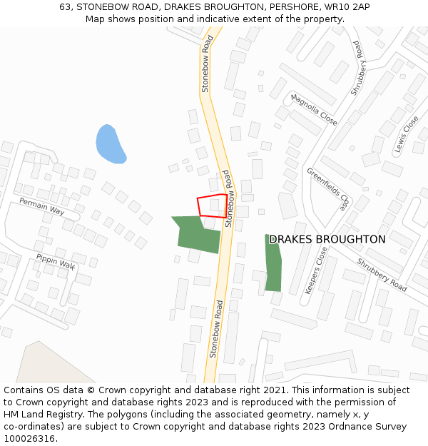63, STONEBOW ROAD, DRAKES BROUGHTON, PERSHORE, WR10 2AP: Location map and indicative extent of plot