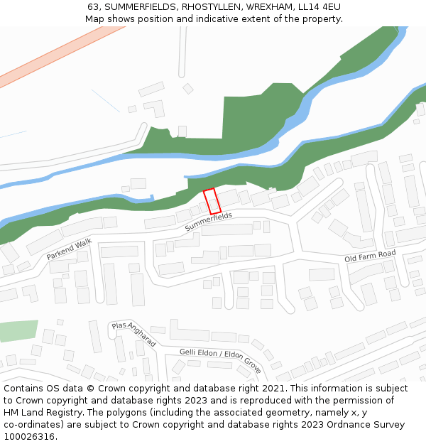 63, SUMMERFIELDS, RHOSTYLLEN, WREXHAM, LL14 4EU: Location map and indicative extent of plot