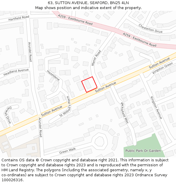 63, SUTTON AVENUE, SEAFORD, BN25 4LN: Location map and indicative extent of plot