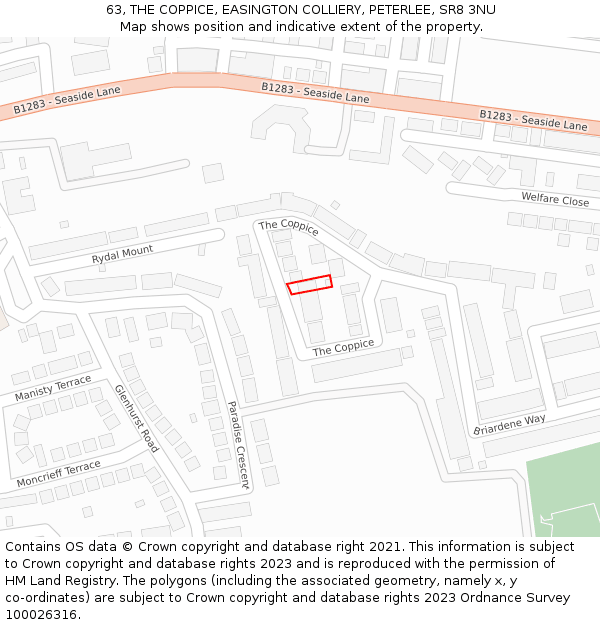 63, THE COPPICE, EASINGTON COLLIERY, PETERLEE, SR8 3NU: Location map and indicative extent of plot