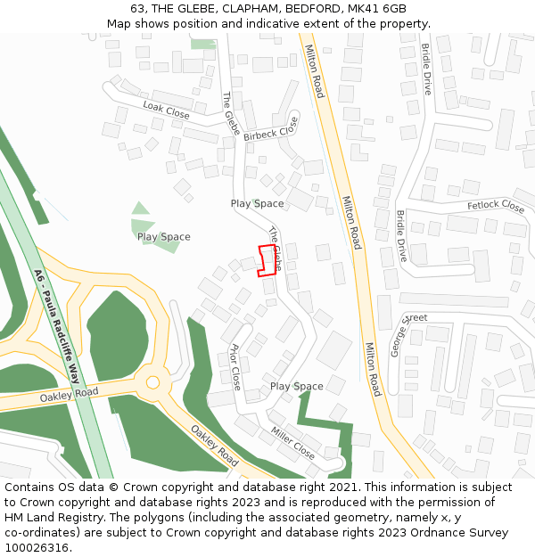 63, THE GLEBE, CLAPHAM, BEDFORD, MK41 6GB: Location map and indicative extent of plot