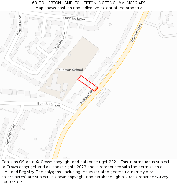 63, TOLLERTON LANE, TOLLERTON, NOTTINGHAM, NG12 4FS: Location map and indicative extent of plot