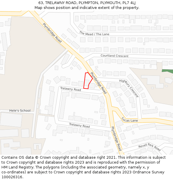 63, TRELAWNY ROAD, PLYMPTON, PLYMOUTH, PL7 4LJ: Location map and indicative extent of plot