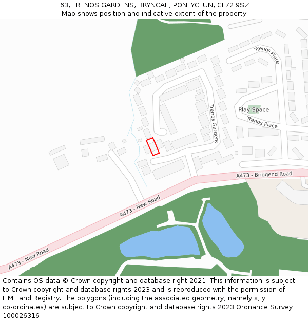 63, TRENOS GARDENS, BRYNCAE, PONTYCLUN, CF72 9SZ: Location map and indicative extent of plot