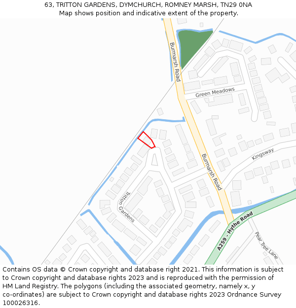 63, TRITTON GARDENS, DYMCHURCH, ROMNEY MARSH, TN29 0NA: Location map and indicative extent of plot