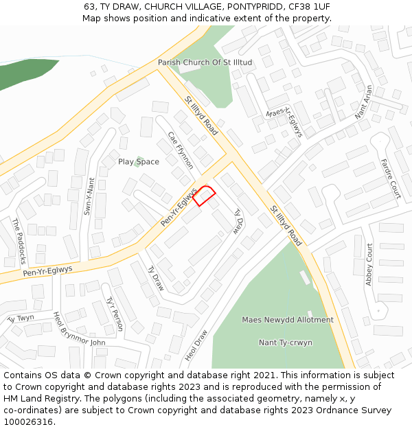 63, TY DRAW, CHURCH VILLAGE, PONTYPRIDD, CF38 1UF: Location map and indicative extent of plot