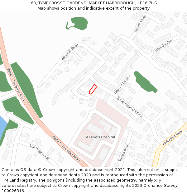 63, TYMECROSSE GARDENS, MARKET HARBOROUGH, LE16 7US: Location map and indicative extent of plot