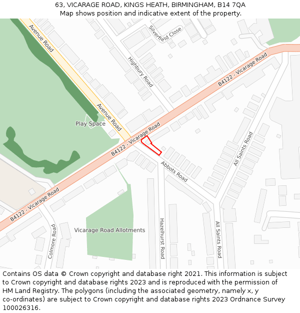 63, VICARAGE ROAD, KINGS HEATH, BIRMINGHAM, B14 7QA: Location map and indicative extent of plot