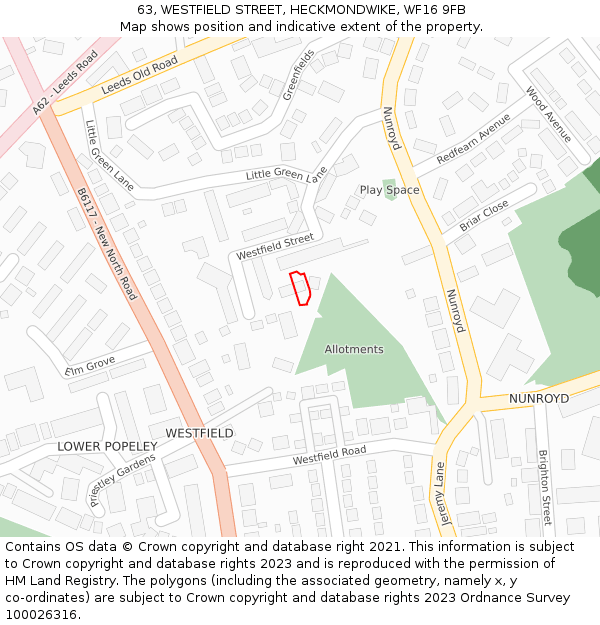 63, WESTFIELD STREET, HECKMONDWIKE, WF16 9FB: Location map and indicative extent of plot