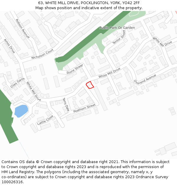 63, WHITE MILL DRIVE, POCKLINGTON, YORK, YO42 2FF: Location map and indicative extent of plot