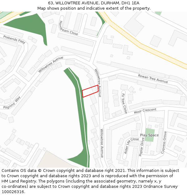 63, WILLOWTREE AVENUE, DURHAM, DH1 1EA: Location map and indicative extent of plot