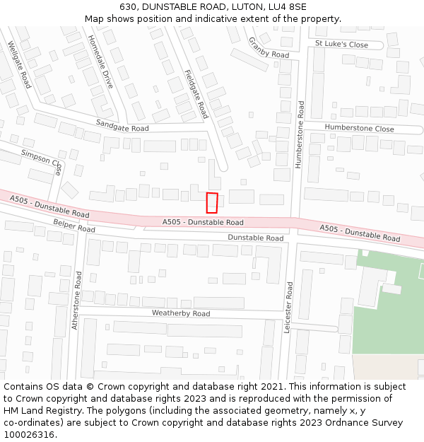 630, DUNSTABLE ROAD, LUTON, LU4 8SE: Location map and indicative extent of plot