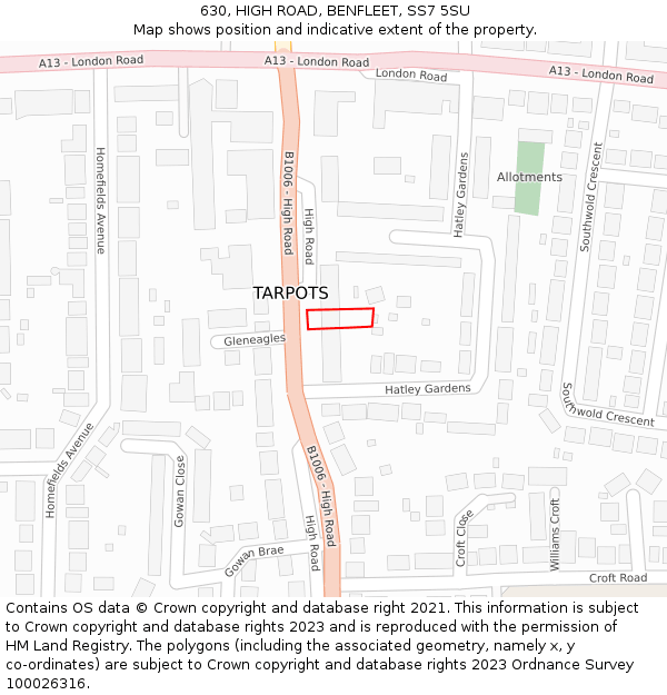 630, HIGH ROAD, BENFLEET, SS7 5SU: Location map and indicative extent of plot