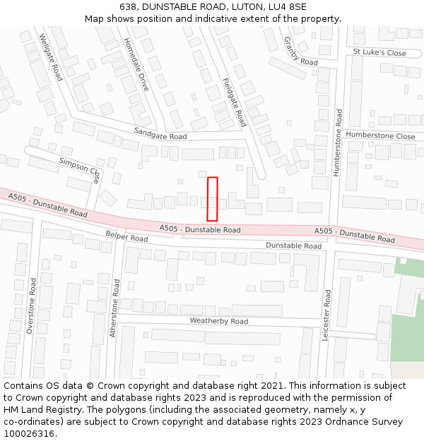 638, DUNSTABLE ROAD, LUTON, LU4 8SE: Location map and indicative extent of plot