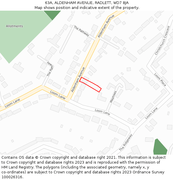 63A, ALDENHAM AVENUE, RADLETT, WD7 8JA: Location map and indicative extent of plot