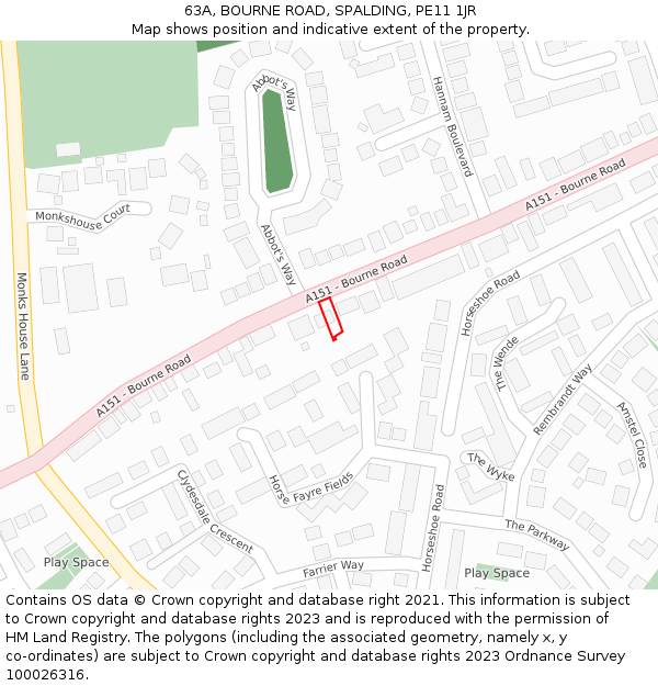 63A, BOURNE ROAD, SPALDING, PE11 1JR: Location map and indicative extent of plot