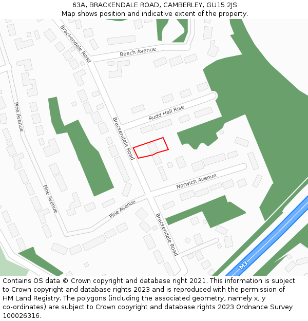 63A, BRACKENDALE ROAD, CAMBERLEY, GU15 2JS: Location map and indicative extent of plot