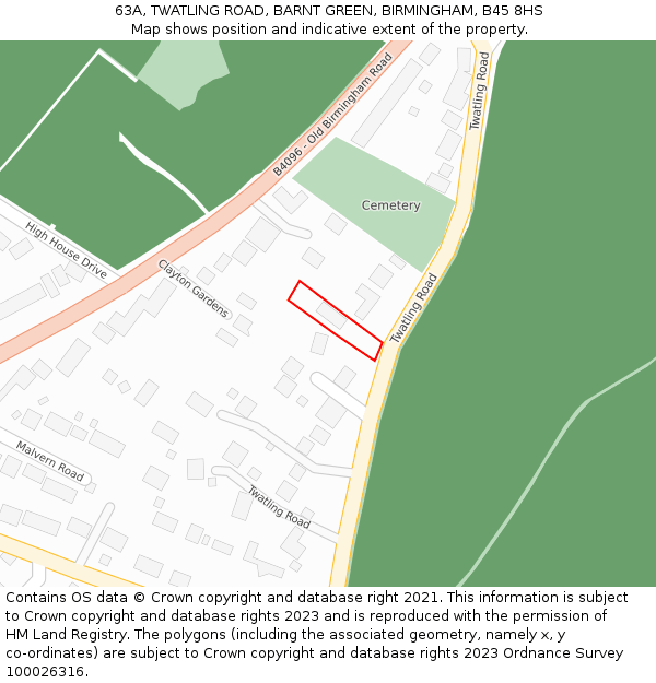 63A, TWATLING ROAD, BARNT GREEN, BIRMINGHAM, B45 8HS: Location map and indicative extent of plot