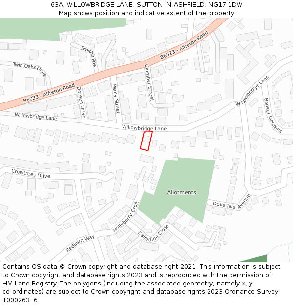63A, WILLOWBRIDGE LANE, SUTTON-IN-ASHFIELD, NG17 1DW: Location map and indicative extent of plot