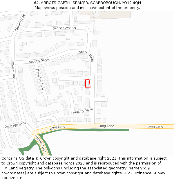 64, ABBOTS GARTH, SEAMER, SCARBOROUGH, YO12 4QN: Location map and indicative extent of plot