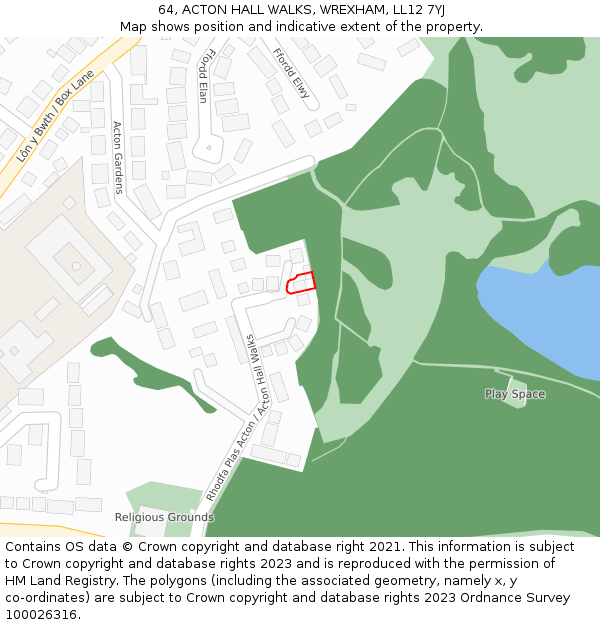 64, ACTON HALL WALKS, WREXHAM, LL12 7YJ: Location map and indicative extent of plot