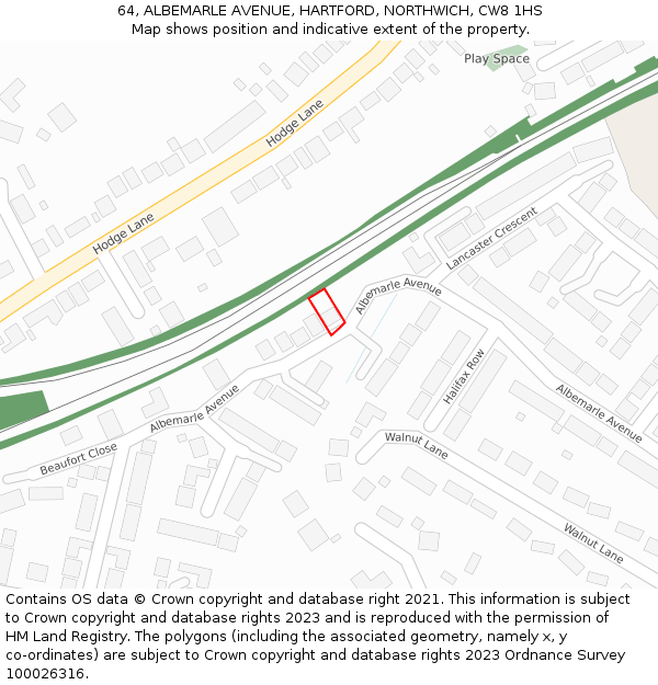 64, ALBEMARLE AVENUE, HARTFORD, NORTHWICH, CW8 1HS: Location map and indicative extent of plot