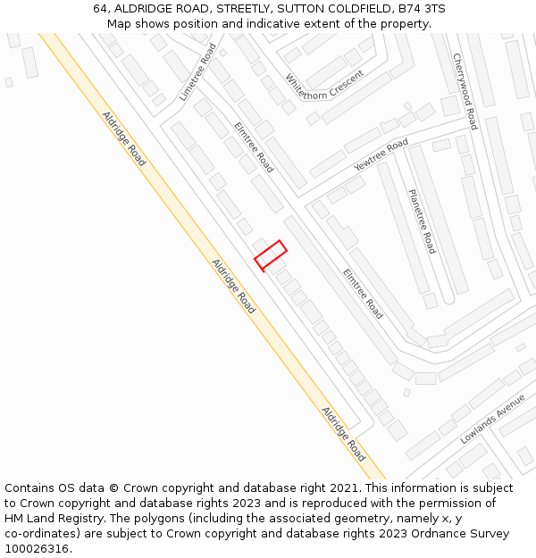 64, ALDRIDGE ROAD, STREETLY, SUTTON COLDFIELD, B74 3TS: Location map and indicative extent of plot