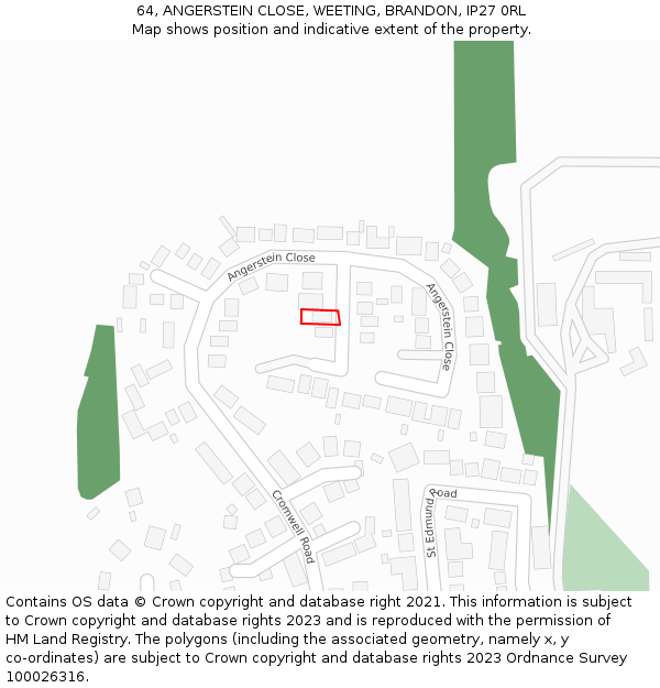 64, ANGERSTEIN CLOSE, WEETING, BRANDON, IP27 0RL: Location map and indicative extent of plot