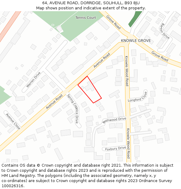 64, AVENUE ROAD, DORRIDGE, SOLIHULL, B93 8JU: Location map and indicative extent of plot