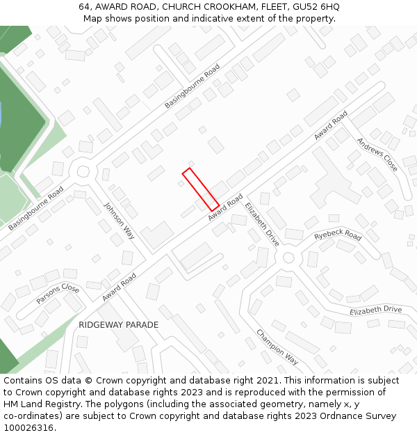 64, AWARD ROAD, CHURCH CROOKHAM, FLEET, GU52 6HQ: Location map and indicative extent of plot