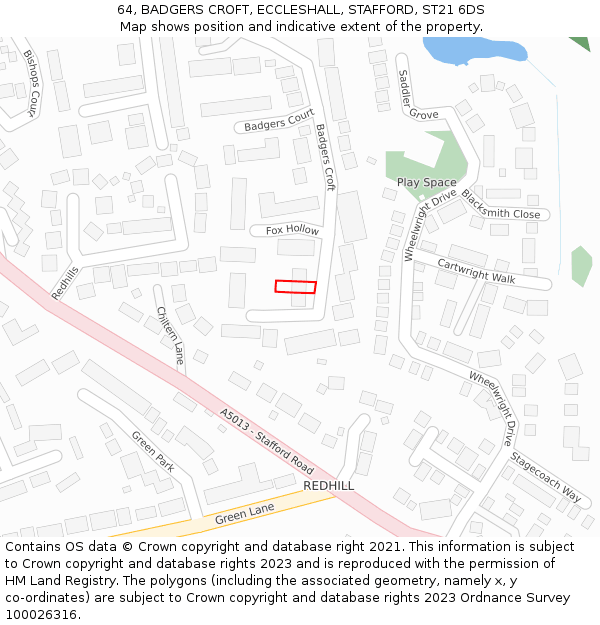 64, BADGERS CROFT, ECCLESHALL, STAFFORD, ST21 6DS: Location map and indicative extent of plot