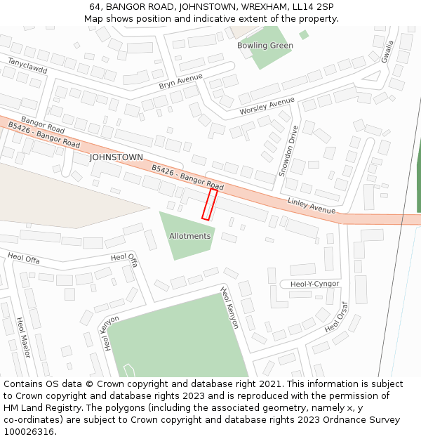 64, BANGOR ROAD, JOHNSTOWN, WREXHAM, LL14 2SP: Location map and indicative extent of plot