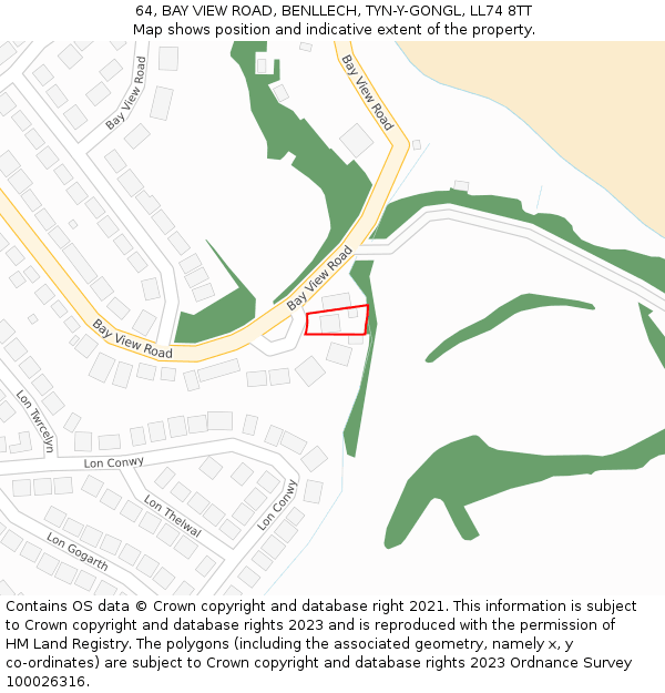 64, BAY VIEW ROAD, BENLLECH, TYN-Y-GONGL, LL74 8TT: Location map and indicative extent of plot