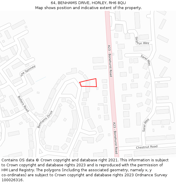 64, BENHAMS DRIVE, HORLEY, RH6 8QU: Location map and indicative extent of plot