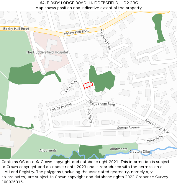 64, BIRKBY LODGE ROAD, HUDDERSFIELD, HD2 2BG: Location map and indicative extent of plot