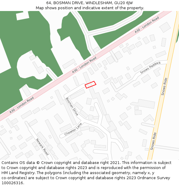 64, BOSMAN DRIVE, WINDLESHAM, GU20 6JW: Location map and indicative extent of plot