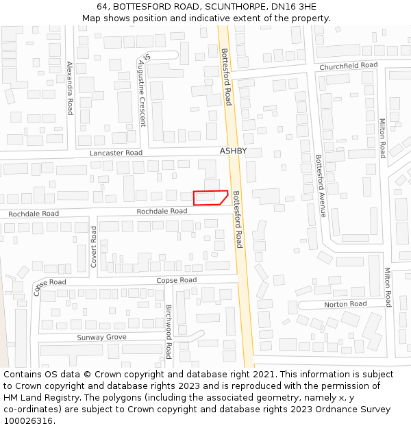 64, BOTTESFORD ROAD, SCUNTHORPE, DN16 3HE: Location map and indicative extent of plot