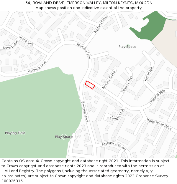 64, BOWLAND DRIVE, EMERSON VALLEY, MILTON KEYNES, MK4 2DN: Location map and indicative extent of plot